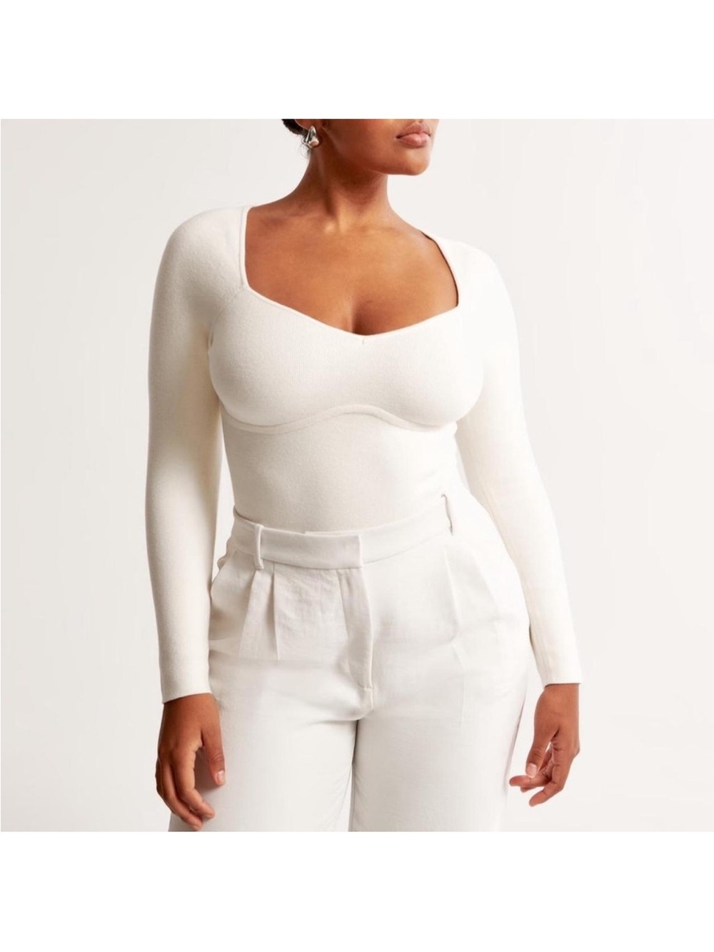 NWT Abercrombie & Fitch Cream Knit Contour Bodysuit Longe Sleeve Small Stretch